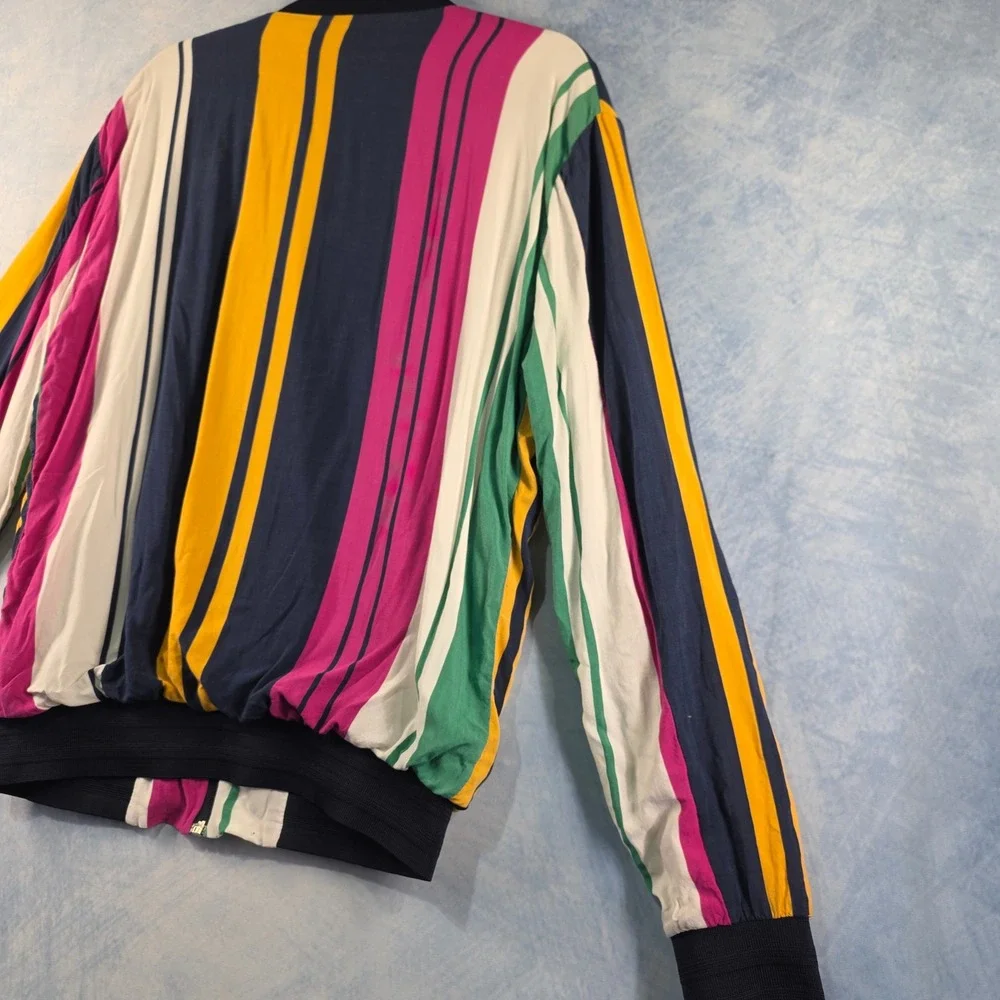 Zara Mens Vertical Stripe Bomber Jacket Navy Blue Magenta Yellow Size M Zip Up